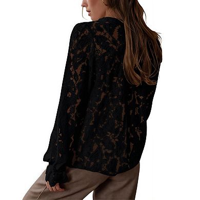 Women's Lace Button Front Blouses Puff Sleeve Top for Casual Daily Wear