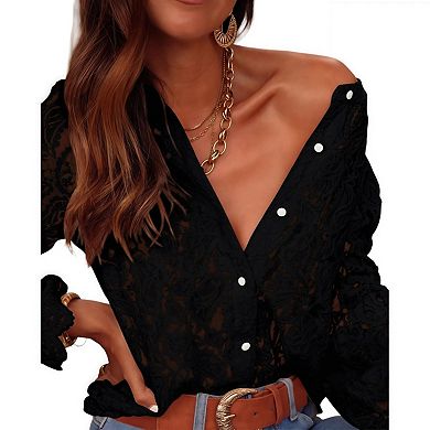 Women's Lace Button Front Blouses Puff Sleeve Top for Casual Daily Wear