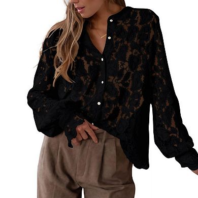 Women's Lace Button Front Blouses Puff Sleeve Top for Casual Daily Wear