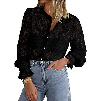 Women's Lace Button Front Blouses Puff Sleeve Top for Casual Daily Wear