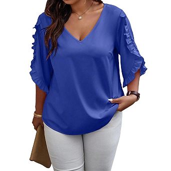 Womens Plus Size Dressy Tops Summer Casual V Neck 3/4 Sleeve Shirts Blouses Business Work Outfits