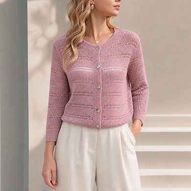 Womens 3/4 sleeve Cardigan Shrugs Crewneck Basic Casual Button Down Knit Hollow Out Crochet Sweater