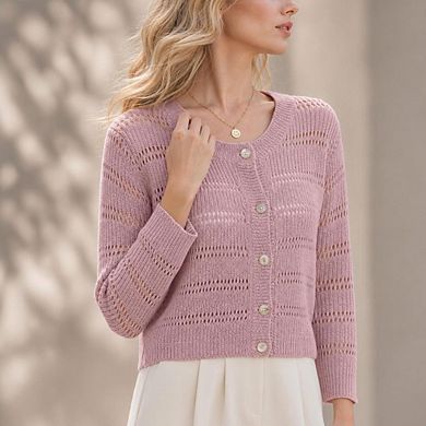 Womens 3/4 sleeve Cardigan Shrugs Crewneck Basic Casual Button Down Knit Hollow Out Crochet Sweater
