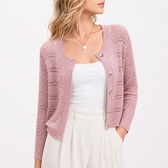 Womens 3/4 sleeve Cardigan Shrugs Crewneck Basic Casual Button Down Knit Hollow Out Crochet Sweater