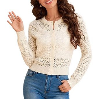 Womens Cropped Shrugs Cardigan Sweaters Summer Long Sleeve Button Down Hollow Out Knit Cover Up Top
