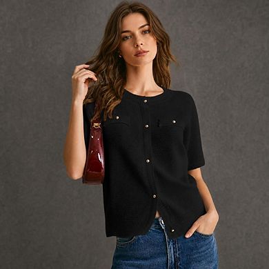Women's Summer Button Down Shirts Casual Short Sleeve Crew Neck Ribbed Knit Blouse Top Cardigans