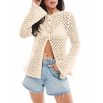 Womens Crochet Cardigan Sweaters Summer Boho Bell Long Sleeve Hollow Out Knit Cover Up Swim Tops