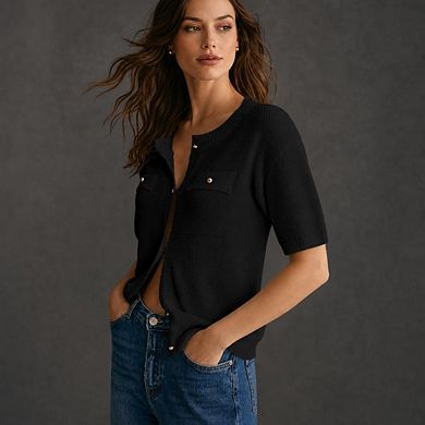 Women's Summer Button Down Shirts Casual Short Sleeve Crew Neck Ribbed Knit Blouse Top Cardigans