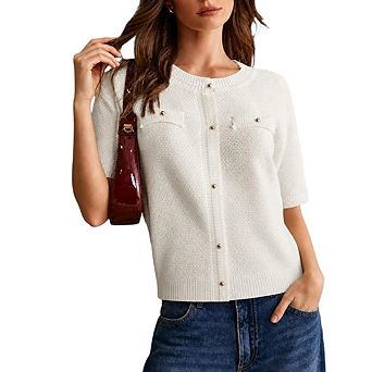 Women's Summer Button Down Shirts Casual Short Sleeve Crew Neck Ribbed Knit Blouse Top Cardigans