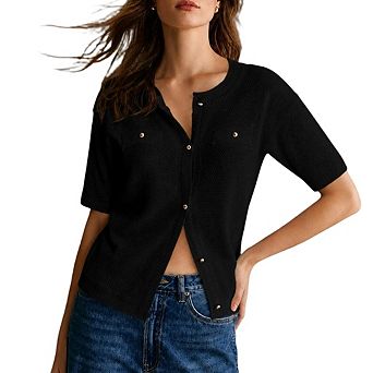 Women's Summer Button Down Shirts Casual Short Sleeve Crew Neck Ribbed Knit Blouse Top Cardigans