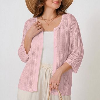 Womens Plus Size Crochet Cardigan Sweaters Summer Boho 3/4 Sleeve Hollow Out Knit Cover Up Swim Tops