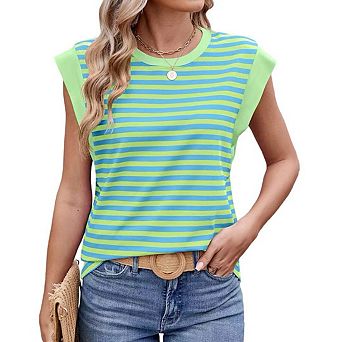 Womens Tank Tops Summer Casual Cap Sleeve Striped Shirt Crewneck T Shirts Loose Blouses