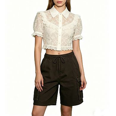 Women's Vintage Elastic Drawstring Waist Denim Cargo Shorts Summer Casual Trendy Pants With Pockets