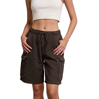 Women's Vintage Elastic Drawstring Waist Denim Cargo Shorts Summer Casual Trendy Pants With Pockets
