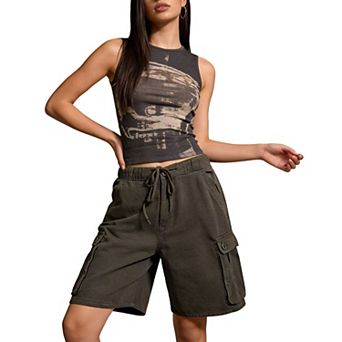 Women's Vintage Elastic Drawstring Waist Denim Cargo Shorts Summer Casual Trendy Pants With Pockets