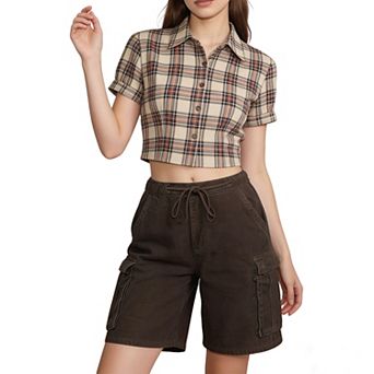 Women's Vintage Elastic Drawstring Waist Denim Cargo Shorts Summer Casual Trendy Pants With Pockets