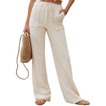 Women's Wide Leg Pants with Pockets Drawstring Loose Business Work Summer Beach Trousers