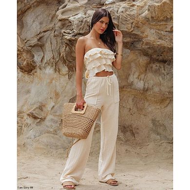 Women's Wide Leg Pants with Pockets Drawstring Loose Business Work Summer Beach Trousers