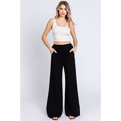 Women's Wide Leg Flowy Palazzo Pants Drawstring Summer Beach Vacation Trousers with Pockets