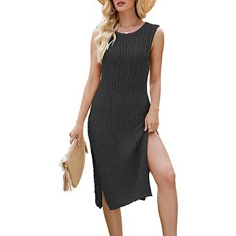 Women's Knit Sleeveless Midi Dress, Textured Ribbed Tank Dress with Side Slit, Casual Bodycon Dress