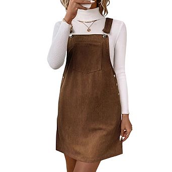 Women's Corduroy Overall Dress, Sleeveless Pinafore Dress with Pocket, Casual Adjustable Strap Skirt