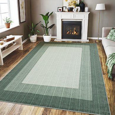 Modern Bordered Area Rug, Washable Non-Slip Low Pile Geometric Carpet for Living Room Bedroom Decor