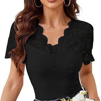 Women's Lace V Neck Short Sleeve Blouse, Elegant Scalloped Trim Eyelet Knit Top for Casual & Work
