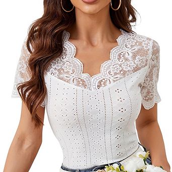 Women's Lace V Neck Short Sleeve Blouse, Elegant Scalloped Trim Eyelet Knit Top for Casual & Work
