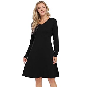 Women's V-Neck Long Sleeve T-Shirt Dress, Pocketed Casual Swing Dress