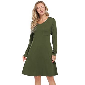 Women's V-Neck Long Sleeve T-Shirt Dress, Pocketed Casual Swing Dress