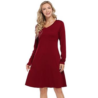 Women's V-Neck Long Sleeve T-Shirt Dress, Pocketed Casual Swing Dress