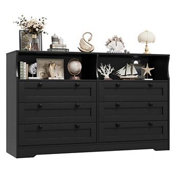 6 Drawer Dresser with Power Outlet & LED Lights, 55 Inch Wide Wooden TV Dresser