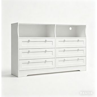 6 Drawer Dresser with Power Outlet & LED Lights, 55 Inch Wide Wooden TV Dresser