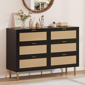 Farmhouse 6-Drawer Rattan Dresser with Metal Ring Handles Wooden Storage Chest for Bedroom