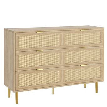 Farmhouse 6-Drawer Rattan Dresser with Metal Ring Handles Wooden Storage Chest for Bedroom