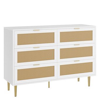 Farmhouse 6-Drawer Rattan Dresser with Metal Ring Handles Wooden Storage Chest for Bedroom
