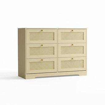 Rattan 6-Drawer Dresser. Modern Long Wooden Chest of Drawers with Metal Handles & Wood Legs