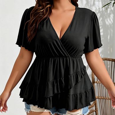 Plus Size Women's V Neck Ruffle Hem T Shirt Short Sleeve Wrap Peplum Blouse Casual Tops