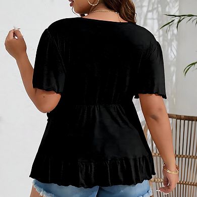 Plus Size Women's V Neck Ruffle Hem T Shirt Short Sleeve Wrap Peplum Blouse Casual Tops