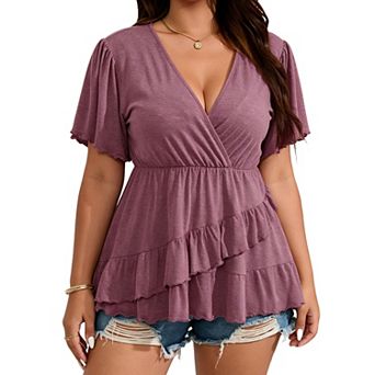 Plus Size Women's V Neck Ruffle Hem T Shirt Short Sleeve Wrap Peplum Blouse Casual Tops