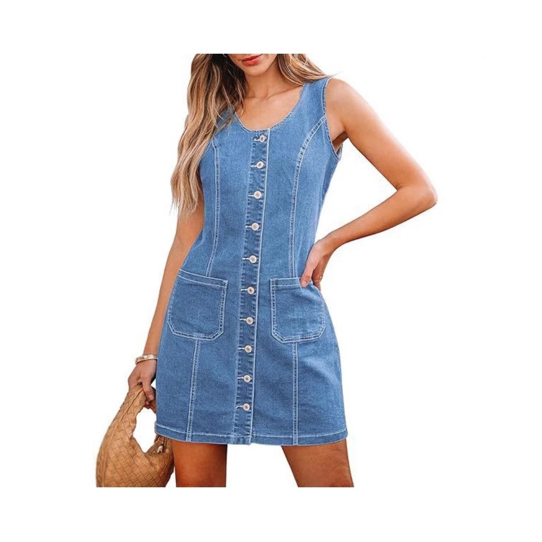 Женские платья Denim Dresses Sleeveless Stretchy Jean Summer Casual Western Short Button Down Dress