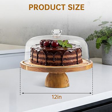 12 in Acacia Wood Cake Stand with Lid,2in1 Multifunctional Dessert Display & Charcuterie Board