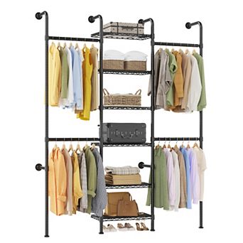 Wall Mounted Closet System, 3-Row Carbon Steel Clothes Rack with 6 Shelves, Black Garment Organizer