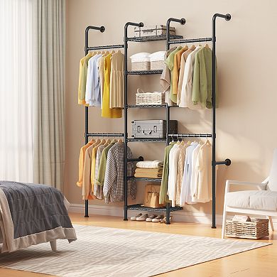Wall Mounted Closet System, 3-Row Carbon Steel Clothes Rack with 6 Shelves, Black Garment Organizer