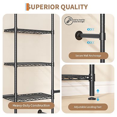Wall Mounted Closet System, 3-Row Carbon Steel Clothes Rack with 6 Shelves, Black Garment Organizer