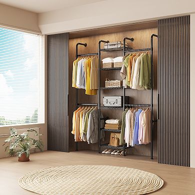 Wall Mounted Closet System, 3-Row Carbon Steel Clothes Rack with 6 Shelves, Black Garment Organizer