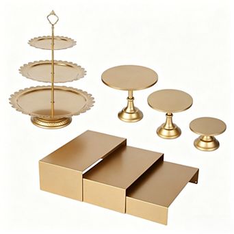 7 pc Metal Cake Stand Set, Dessert Table Display Set with 3 Sizes Round Pedestal Stands Tiered
