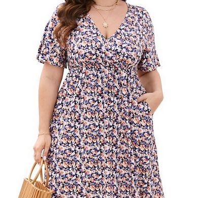 Plus Size Women's v-Neck Printed Dress with Pockets Waist Cinched Elegant