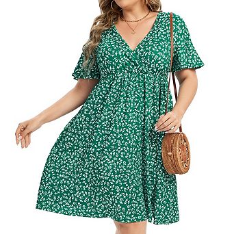 Plus Size Women's v-Neck Printed Dress with Pockets Waist Cinched Elegant