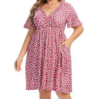 Plus Size Women's v-Neck Printed Dress with Pockets Waist Cinched Elegant